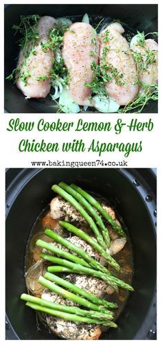 Slow Cooker Lemon and Herb Chicken with Asparagus - so easy and perfect for Spring! No need to put away your slow cooker in the warmer months Lemon And Herb Chicken, Slow Cooker Lemon Chicken, Crockpot Recipes Healthy, Chicken With Asparagus, Cooking And Baking Recipes, Lemon Chicken With Asparagus, Vegan Steak, Lemon Herb Chicken, Paleo Crockpot