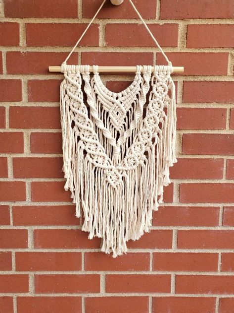 "*Perfect wall hanging for a bedroom, living space or office *Hand woven using soft, durable cotton cord *Perfect for birthday gifts, housewarming gifts, or for yourself! *Message me to ask about custom macramé designs and colors! *Handcrafted in UT, USA *Free Shipping on US orders over $35 -------------- DIMENSIONS: Length: Woven portion is approximately 23\" long. Entire wall hanging, including string to hang it (which is adjustable), is approximately 31\" long. Width: Woven portion is approxi Macrame Wall Hanging Ideas, Boho Macrame Wall Hanging, Wall Decor Boho, Macrame Wall Decor, Macrame Wall Hanging Patterns, Bohemian Wall Art, Bohemian Wall, Boho Macrame, Macrame Design