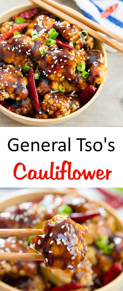 General Tso's Cauliflower | Kirbie's Cravings | A baked, low-carb and healthier version of the original! General Tso's Cauliflower, Mapo Tofu, General Tso, Chicken Pieces, Buffalo Cauliflower, Baked Cauliflower, Cauliflower Recipes, Veggie Dishes, Vegan Eating