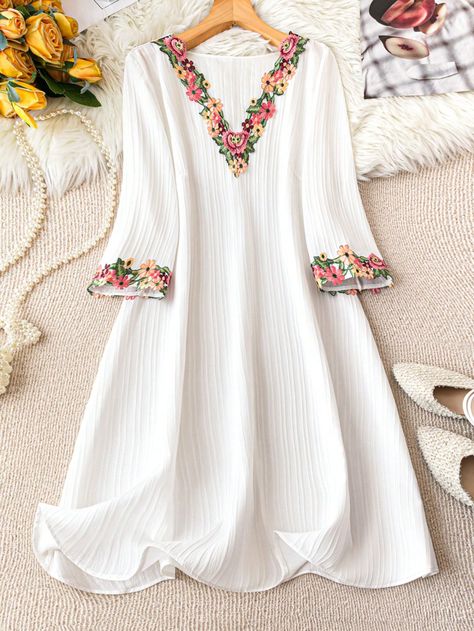 White Boho Collar Three Quarter Length Sleeve Woven Fabric Floral,Plants A Line Embellished Non-Stretch  Women Plus Clothing Frock Design Women, A Line Frock, A Line Kurti Designs, Casual Bridal Dress, Mode Abayas, Casual Dress White, Simple Dress Casual, Modest Dresses Fashion, Kaftan Abaya