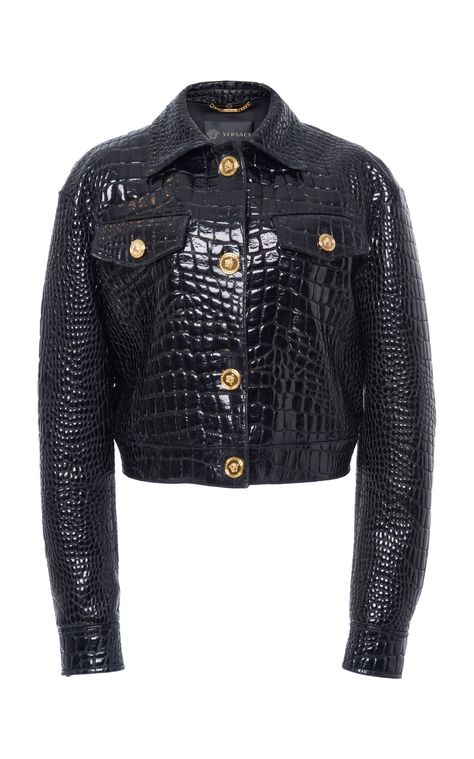 Versace - FW19 | Cropped black crocodile embossed leather jacket ($4,395) Versace Leather Jacket, Night Snap, Crocodile Tears, Versace Jacket, Designer Leather Jackets, Versace Spring, Versace Fashion, Cropped Leather Jacket, Versace Outfit