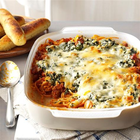 Florentine Spaghetti Bake Recipe - This plate-filling sausage dish appeals to most every appetite, from basic meat-and-potatoes fans to gourmets. My daughter, a Montana wheat rancher's wife, says she serves it often to satisfy her hardworking family. - Lorraine Martin, Lincoln, California @ http://www.tasteofhome.com/recipes/florentine-spaghetti-bake Sausage Dishes, Pasta Casserole, Recipes Pasta, Baked Spaghetti, Potluck Recipes, Casserole Dish, Taste Of Home, Recipe Collection, Casserole Recipes