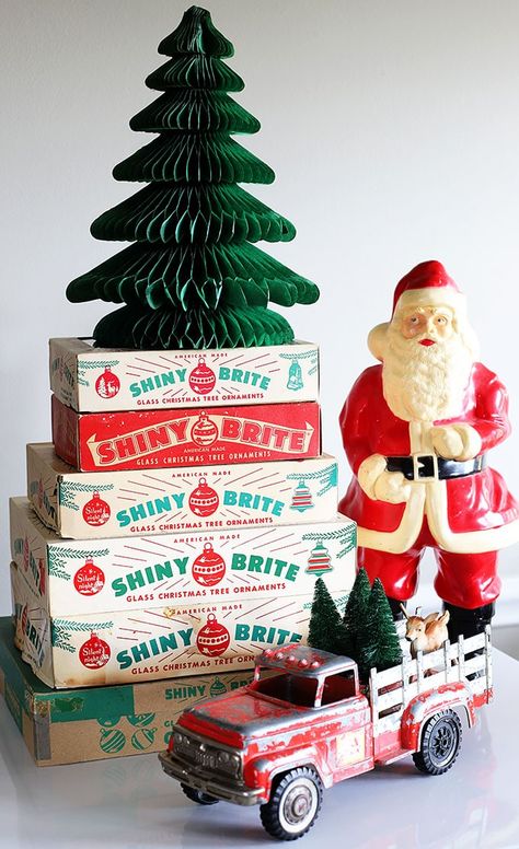 Shiny Brite boxes stacked for Christmas decor Ornament Storage Box, Christmas Displays, Christmas Santas, Wooden Christmas Crafts, Shiny Brite Ornaments, Christmas In Heaven, Christmas Cottage, Vintage Holiday Decor, Christmas Organization