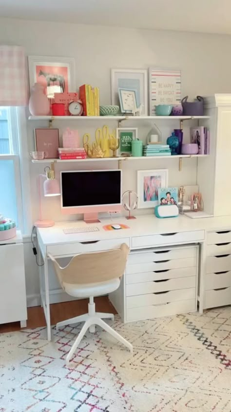 This is my full craft room set up explanation. Let me know if you have any questions! Small Home Office And Craft Room Combo, Craft Room And Closet Combo, Cricut Room Set Up, Ikea Office Craft Room Combo, Crafting Desk Ideas, Teen Craft Room, Basement Craft Room Ideas Unfinished, Makeup Office Room Ideas, Cricut Office Ideas