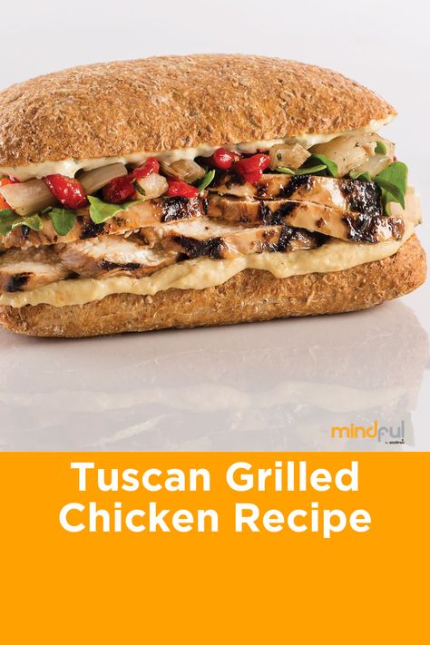 A sandwich filled with grilled chicken, hummus, bistro sauce, roasted onions and peppers on a multigrain ciabatta. Tuscan Chicken Sandwich, Tuscan Grilled Chicken, Roasted Onions And Peppers, Grilled Chicken Sandwich, Chicken Sandwich Recipe, Roasted Onions, Chicken Sandwich Recipes, Tuscan Chicken, Multigrain