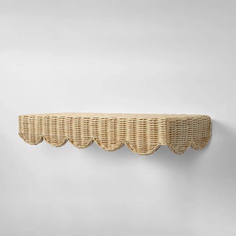 Rattan Shelves Styling, Rattan Wall Shelf, Scallop Skirt, Rattan Shelf, Lakeside Retreat, Book Ledge, Rattan Wall, Shelf Hooks, Scalloped Skirt