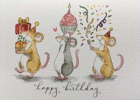 Mice Birthday Party, Cute Birthday Illustration Art, Happy Birthday Mice On Piano, Dancing Mice Drawing, Happy Birthday Mouse, Cute Mice Illustration, Mice Illustration Drawings, Mouse Birthday Cards, Mouse Watercolor Illustration