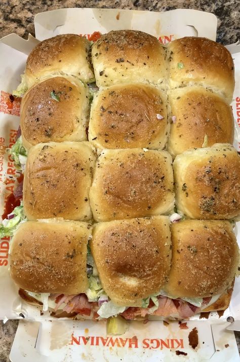 Chopped Italian Sliders - What's Mom Cookin' Submarine Dressing, Kings Hawaiian Rolls, Chopped Italian Sandwich, Italian Sliders, Italian Subs, Sliders Recipes Hawaiian Rolls, Italian Sandwiches, Easy Slider Recipes, Grinder Sandwich