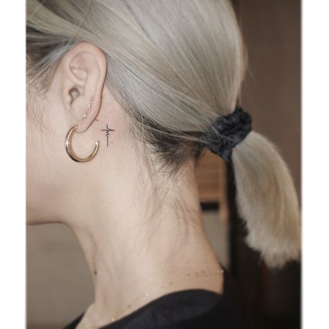 Cross Behind Ear, Cross Behind Ear Tattoo, Cross Heart Tattoos, Discrete Tattoo, Behind Ear Tattoo Small, Feminine Cross Tattoo, Playground Tattoo, Small Cross Tattoo, Behind Ear Tattoos