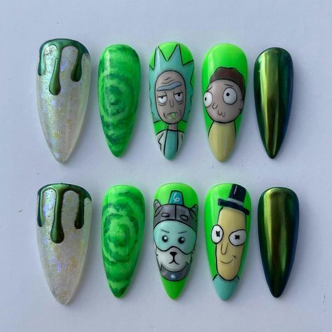 Rick And Morty Nail Art, Nail Art Cartoon Characters, Rick And Morty Nails, Nails One Color, Nail Art Cartoon, Kid Nails, Rick E Morty, Cartoon Nail Designs, Nails Disney