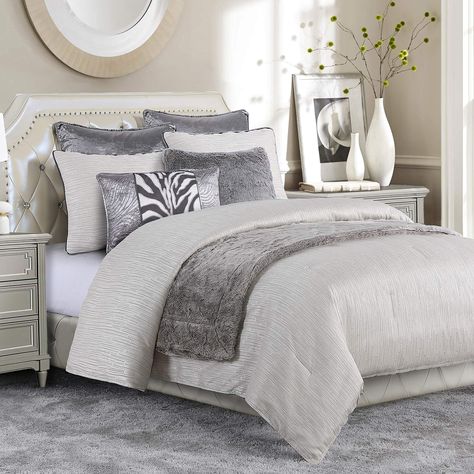 PRICES MAY VARY. Comforter Face: 100% Polyester,back: 100% Cotton, Filling: 100% Polyester; Bedskirt: Skirt: 100% Polyester. Decking: 100% Polyester; King Sham: 100% Polyester(2pc). SUPER KING COMFORTER SET: 4 Piece set includes (1) Comforter (110"x96"), (2) Pillow Shams (21"x34"), (1) Bedskirt (78"x80" +18" drop). INSPIRED DESIGNS: At HiEnd Accents, we create bedding and home decor that’s part wow factor, part comfort, and all you. Our creative team travels the world to find inspiration and tra Glam Comforter Set, Charleston Bedroom, Modern Chic Bedroom, Oversized King Comforter, Modern Comforter Sets, Wave Embroidery, Modern Comforter, Modern Bed Set, Grey Comforter Sets