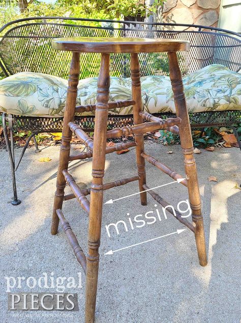 Damaged Bar Stool Before Upcycle | prodigalpieces.com Repurpose Bar Stool Ideas, Bar Stools Upcycle, Bar Stool Ideas, Modern Bench Seat, Stool Ideas, Crate Side Table, Harvest Sign, Linen Ottoman, Shaker Pegs