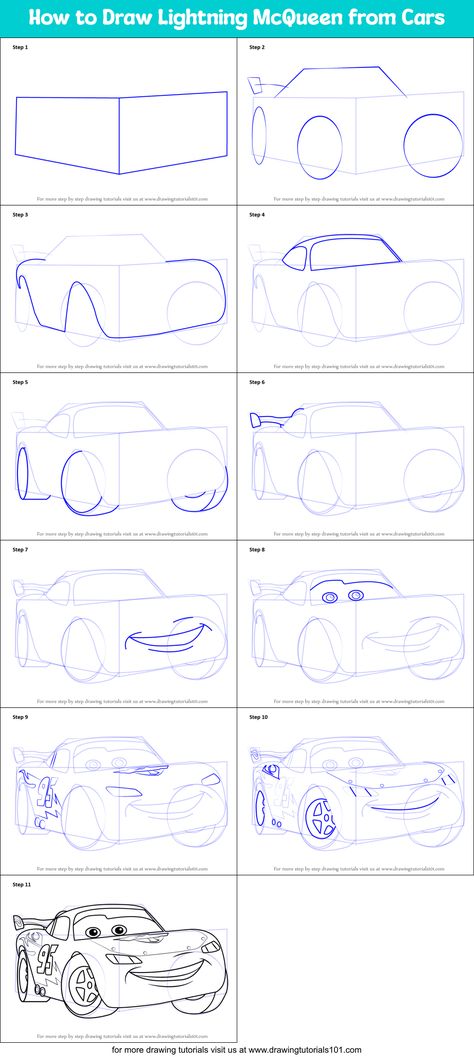 How to Draw Lightning McQueen from Cars (Cars) Step by Step | DrawingTutorials101.com How To Draw Lightning Mcqueen, Draw Lightning Mcqueen, Cars Drawing Easy, Draw Lightning, How To Draw Lightning, Monster Truck Drawing, Draw Cars, Mcqueen Cars, Cars Lightning Mcqueen