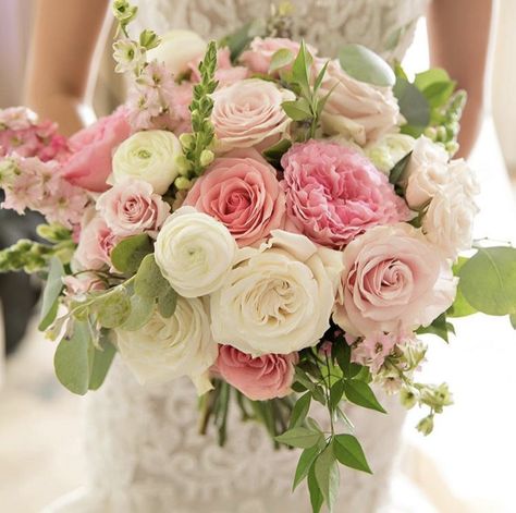 Pink, white, and green bouquet by Flowershack Blooms Pink And Green Bridal Bouquet, Pink White Green Bouquet, Bride Bouquet Pink, White And Green Bouquet, Bride Bouquets White, Pink Green Wedding, Weddings Idea, Green Wedding Flowers, White Rose Bouquet