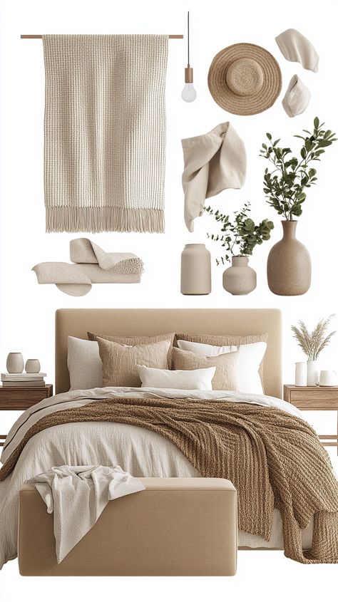 Imagine if there was an account that told you exactly where to shop for every dreamy detail. This Beige Velvet Ottoman Bed mood board is your guide to recreating the perfect mid-century modern bedroom. From walnut wood nightstands to minimalist decor, cozy throw blankets, and soft linen bedding, everything here radiates warm neutral tones and effortless elegance. Want this look in your space? Follow for more shoppable inspirations! 🛏️✨ Bedroom Goals, MidCentury Modern, Neutral Vibes, Cozy Chic Organic Modern Bedroom Aesthetic, Neutral Chic Bedroom, Neutral Bedroom Mood Board, Bed Mood Board, Beige Bedding Aesthetic, Organic Modern Bedroom Inspiration, Neutral Aesthetic Bedroom, Neutral Bedroom Curtains, Xmas Bedroom