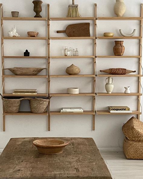 bohème on Instagram: “home” Japandi Shop Interiors, Old Wood Repurposed, Wabi Sabi Studio Apartment, Wabi Sabi Store Design, Salon Wabi Sabi, Wabi Sabi Shelves, Natural Floating Shelves, Japandi Rustic, Wabisabi Architecture