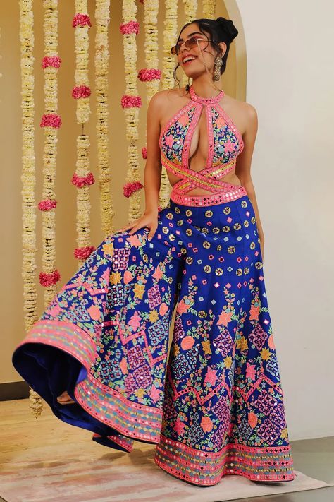 Buy Rajbinder Chahal Blue Dupion Silk Mirror Embellished Jumpsuit Online | Aza Fashions Embroidery Zardozi, Embroidery Mirror, Embellished Jumpsuit, Embroidered Jumpsuit, Wedding Lehenga Designs, Jumpsuit For Women, Ghagra Choli, Dupion Silk, Jumpsuit Online