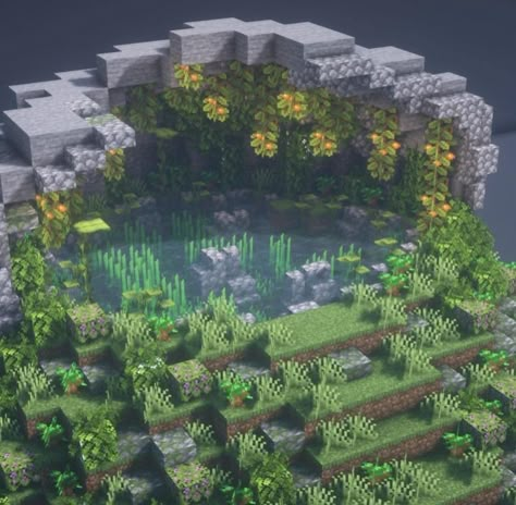 Waterfall Design Minecraft, Overgrown Garden Minecraft, Lake Base Minecraft, Minecraft Frog Pond Ideas, Swamp Biome Minecraft, Minecraft Jungle Garden, Pond House Minecraft, Minecraft Island Terraforming, Minecraft Small Waterfall Pond