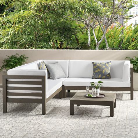 Wade Logan® Adharsh 5 - Person Outdoor Seating Group with Cushions & Reviews | Wayfair L Shape Patio Furniture Outdoor Sofa, Grey Patio Furniture Decor, Modern Patio Furniture Ideas, Home Depot Patio Furniture, Sweet Sangria, Patio Lounge Furniture, Outdoor Couches, White Outdoor Furniture, Picked Flowers