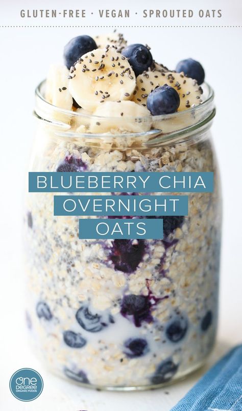 This overnight sprouted oatmeal recipe makes breakfast easy! Made with One Degree Organics gluten-free Sprouted Quick Oats and simple vegan ingredients, our Blueberry Chia Overnight Oats take only moments to mix up the night before, and are ready in the morning to enjoy as a wholesome and satisfying sprouted oat breakfast. Prepare these overnight sprouted oats in a mason jar or container with a lid for a grab-and-go easy healthy breakfast. Pin this sprouted quick oats recipe for a busy week! Overnight Sprouted Rolled Oats, Sprouted Oatmeal Recipes, Overnight Oats Container Ideas, Sprouted Oats Recipes, 21 Day Fix Overnight Oats, Sprouted Oats, Quick Oat Recipes, Chia Oats, Chia Overnight