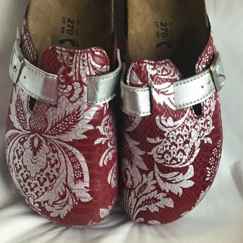 Hard To Find Size 42n In Spectacular Birkenstocks. Deep Raspberry With Silver Detailing For The Most Comfortable Slip-Ons. New, Never Worn. No Box Red Birkenstock Clogs, Studded Birkenstocks, Comfortable Red Slip-ons, Patchwork Birkenstocks, Red Slip-on Comfortable Clogs, Western Grunge, Afro Punk Fashion, Birkenstock Shoes, July 1st