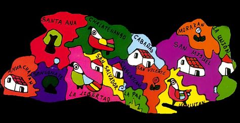 El Salvador map By Fernando Llort, Love the use of color. El Salvador Map Art, El Salvador Art Paintings, El Salvador Aesthetic Art, Salvadorian Art, Salvadoran Art, El Salvador Map, El Salvador Art, El Salvador Culture, El Salvador Food