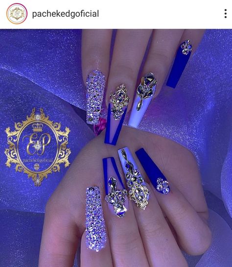 Navy Blue Quince Nails, Blue Quince Nails, Navy Blue Quince, Nails Diamonds, Ongles Bling Bling, Quince Nails, Quinceanera Nails, Royal Blue Nails, Blue Quince