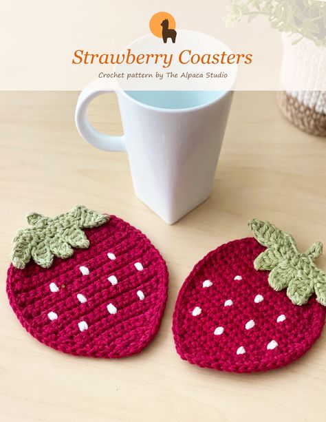 * 25 pictures accompany each step   * Standard US Terms and Abbreviations used   * 10 pages of visually appealing and efficient layout       PDF makes crafting fast and fun    * Printer- friendly document   * Make your own unique applique, kitchen decor, housewarming gift! #crochetpatterns #crochetstrawberry #crochetcoasters #crochetcoasterset #crochettablelinen #handmadegiftidea #cutekitchendecor #summerhomedecor #amigurumistrawberry #crochetfruit #crochetfood #crochetpatterneasy Strawberry Coaster, Fruit Coasters, Crochet Cup Coaster, Crochet Strawberry, Crochet Fruit, Confection Au Crochet, Crochet Coaster Pattern, Crochet Food, Crochet Kitchen