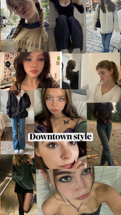 Downtown style(hairstyle, makeup, outfits) Downtown Lifestyle, Downtown Style, Makeup Tut, Style Hairstyle, 90s Hairstyles, Hair Stylies, Downtown Girl, Future Lifestyle, Girls Makeup