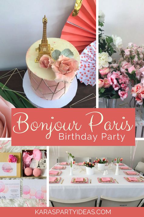 Girls Paris Birthday Party, Bonjour Four Party, Paris Birthday Party Ideas For Kids, Bonjour To Four Birthday Party, Bonjour To Four Birthday, Paris Party Food, Emily In Paris Party, Wrapped Flower Bouquet, French Birthday Party