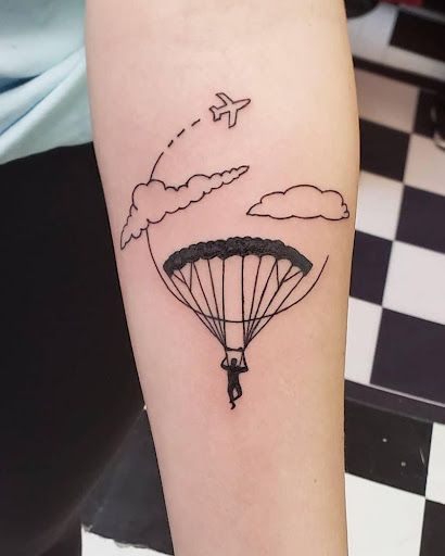 Sky Diving Tattoo Ideas, Parachute Tattoo Design, Skydive Tattoo Ideas, Parasailing Tattoo, Skydiver Tattoo, Sky Diving Tattoo, Paragliding Tattoo, Parachute Tattoo, Skydiving Tattoo