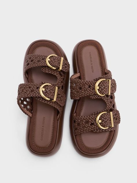 Woven Double-Strap Buckled Sandals Charles And Keith Shoes, Charles Keith, Buckle Sandals, Brown Sandals, Slide Sandals, Dark Brown, Shoes Sandals, Jewelry Accessories, Shoe Bag