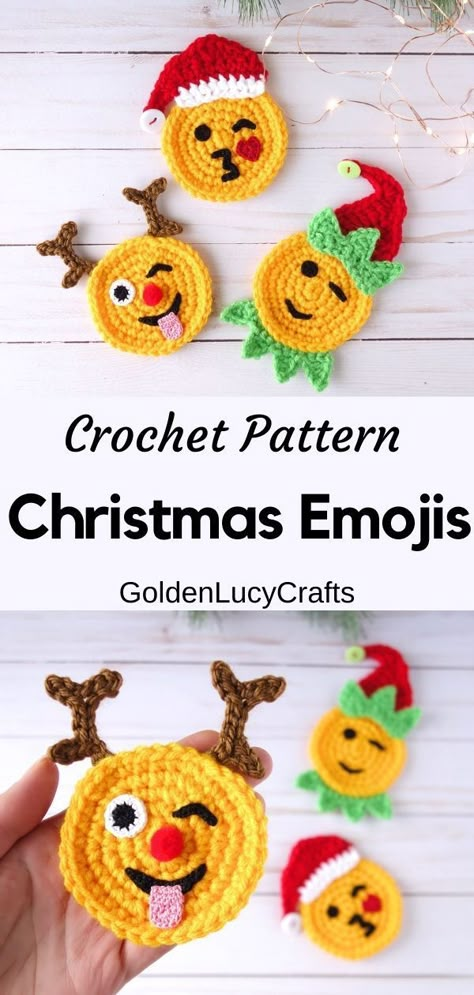 Christmas Emojis, Christmas Emoji, Cute Ornaments, Crochet Christmas Ornaments Free, Crochet Applique Patterns Free, Xmas Toys, Christmas Crochet Pattern, Crochet Christmas Gifts, Crochet Santa