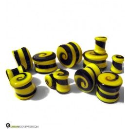 Black & Yellow swirl glass plugs 2G - 3/4" Cool Ear Gauges, 00g Stretched Ears, Black And Yellow Aesthetic, Gauge Jewelry, Story Tips, Tapers And Plugs, Ear Tapers, Ear Gauges Plugs, Black Color Combination