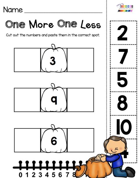 PUMPKIN NUMBERS - Kindergarten math center - one more one less cut and paste worksheet - printable math activities for October - Fall themed centers try FREE printables and worksheets for Halloween and Autumn #kindergarten #kindergartenmath #pumpkinmath Autumn Kindergarten, Activities For October, One More One Less, October Math, Pumpkin Math, Kindergarten Math Center, Halloween Kindergarten, Fall Lessons, Math Centers Kindergarten