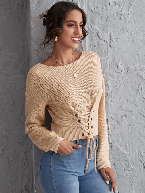 Drop Shoulder Eyelet Lace Up Knot Sweater | SHEIN USA Knot Sweater, Women Sweaters, Eyelet Lace, Skirt Top, Women's Fashion Dresses, Drop Shoulder, Dress Skirt, Knot, Fashion Dresses