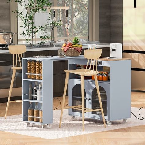 Rolling Kitchen Island With Extended Table,Kitchen Island on Wheels - Bed Bath & Beyond - 40352122 Extended Table, Grey Kitchen Island, Kitchen Island On Wheels, Rolling Kitchen Island, Kitchen Island Cart, Modern Kitchen Island, Fluted Glass, Studio Kitchen, Kitchen Roll