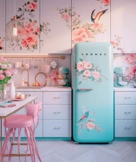 Pastel Color Apartment Decor, Pink Cottage Core Kitchen, Granny Chic Kitchen, Pastel Pink Kitchen, Vintage Pink Kitchen, Maximalist Kitchen Design, Modern Eclectic Kitchen, Vintage Floral Kitchen, Floral Kitchen Decor