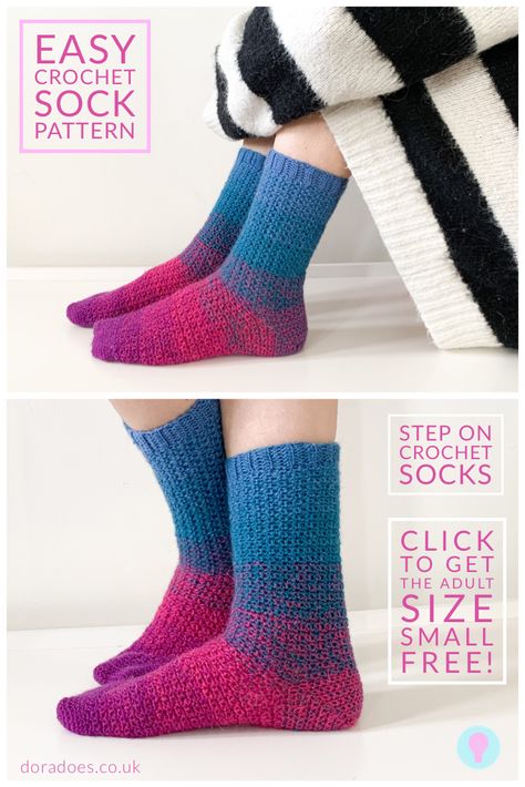 These easy toe up crochet socks are worked using 4ply / sock yarn and simple stitches (mainly single crochet / UK double crochet). They are beginner friendly and perfect for first time sock makers. The pattern includes a photo tutorial for the toe and heel. It is written using US crochet terms in 6 sizes from toddler to large adult. The adult size small pattern is also available for free on the Dora does blog.  Click through to find out more!! Sock Yarn Patterns, Crochet Sock Pattern, Sock Crochet, Crochet Sock Pattern Free, Easy Crochet Socks, Crochet Sock, Crochet Socks Pattern, Sock Knitting Patterns, Crochet Socks