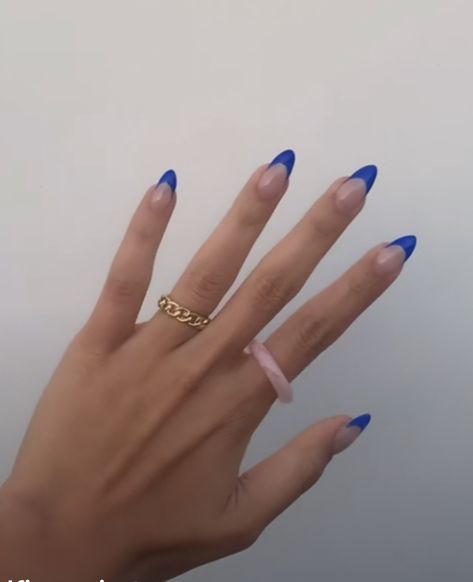 Cobalt French Nails, Round Blue French Tip Nails, Blue Gel Extension Nails, Royal Blue Almond French Tip, Sonic Blue Nails, Mid Blue Nails, Mail Inspo Blue, Electric Blue Nail Designs, Navy Blue French Tip Nails Almond