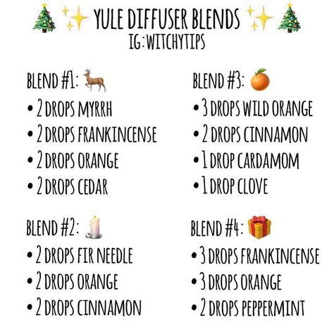 Tips for Witches Everywhere! ✨ on Instagram: “Yule Oil Diffuser Blends! 🎄 The main scent notes of Yule are cinnamon, clove, pine, orange, frankincense & cedar! Fill your home with a…” Yule Diffuser Blends, Yule Essential Oil Blend, Defuser Oils, Frankincense Blends, Oranges With Cloves, Eclectic Spirituality, Spell Oils, Spiritual Holidays, Candle Scents Recipes