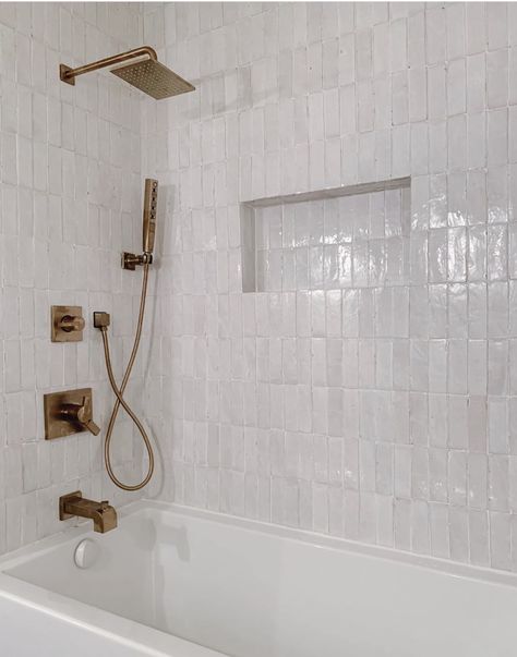 Zellige tile, delta Vero shower hardware, shower niche Tattoo Kitchen, Modern Shower Design, One Room Challenge, Room Challenge, Girls Bathroom, Upstairs Bathrooms, Modern Shower, Week 5, Bathroom Renos