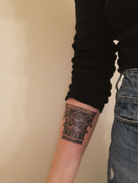 Corinthian Column Tattoo Corinthian Tattoo, Corinthian Column Tattoo, Greek Column Tattoo, Column Tattoo, Urban Witch, Chess Tattoo, Ancient Art Tattoo, Abstract Tattoos, Greek Columns