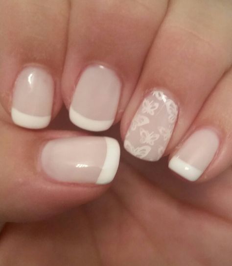 French Nails With Butterfly Design, Butterfly Nail Art French Tip, French Tip Nails With Butterflies, Short French Nails Butterfly, French Manicure With Butterflies, French Tip With Butterfly Charm, Nails With Butterflies, Nails Butterfly, Grad Nails