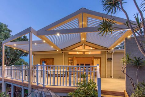 Awesome Austinmer Pergola with Louvred Gable Roof Design Gable Roof Design, Roof Siding, Pergola Design, Timber Deck, Pergola With Roof, Gable Roof, Led Down Lights, Roofing Systems, Outdoor Entertaining Area