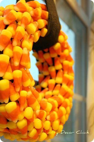 candy corn wreath Candy Corn Crafts, Corn Wreath, Candy Corn Wreath, Thrifty Decor Chick, Thrifty Diy, Halloween Candy Corn, Thrifty Decor, Calendar Ideas, Halloween Craft