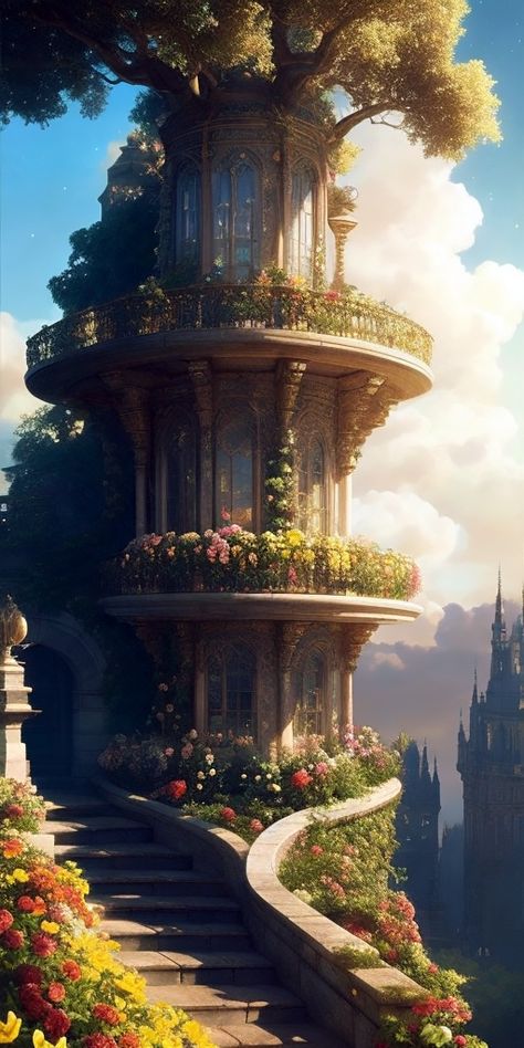 Fantasy Tower Interior, Wizard Tower Aesthetic, Tangled Castle, Elven Tower, Acotar Courts, Magic Building, Mage Tower, Magic Tower, Fantasy Tower