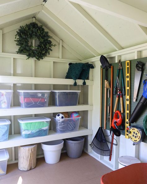 Shed Tools Storage Ideas, She Shed And Storage Ideas, Outdoor Storage Room Ideas, Inside Shed Organization, Small Outdoor Storage Shed, Ikea Shed Storage, Large Shed Organization, Shed Toy Storage Ideas, Utility Shed Organization