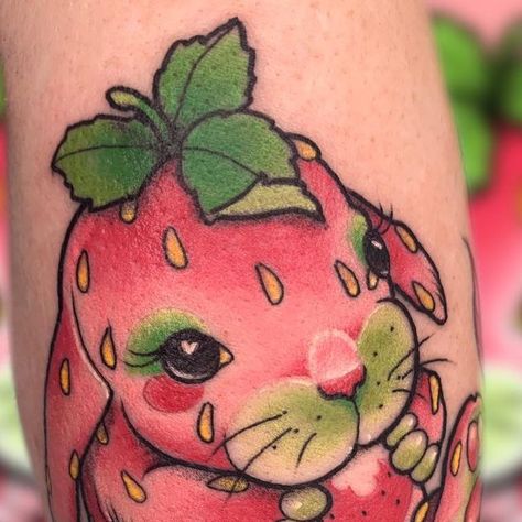 Nicole May Tattoos on Instagram: "Strawbunny 🍓 So cute I could gobble her up…but I won’t, cause it’s on Trinia’s arm meow & I’m not a cannibal. Thank you for letting me add to your strawberry collection! 🍓 #strawberrytattoo #bunnytattoo #strawbunny #strawberrybunny #strawberrylove #bunbun #cutetattoo #kawaiitattoo #adorableanimals #animash #fruittattoo #foodtattoo #animaltattoo #naturetattoo #unaturaltattoo #tattoo #tattoos #tattooer #tattooart #tattooartist #tattooartistmagazine #inkedmag #ta Strawberry Bunny Tattoo, May Tattoos, Cute Strawberry Tattoo, Easter Tattoo, Old Traditional Tattoo, Tattoo Front, Snail Tattoo, Tufting Rugs, Strawberry Tattoo