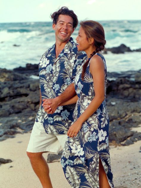 Matching blue at Makapuu.  #hawaiian #shirt #dress #matching Hawaiian Party Outfit, Hawaii Clothes, Hawaiian Outfits, Family Clothes, Hawaiian Dresses, Hawaii Outfits, Hawaiian Party, Hawaiian Outfit, Matching Couple Outfits